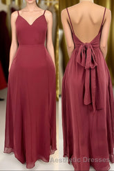 Ruffle Straps Burgundy Chiffon A-line Long Bridesmaid Dresses